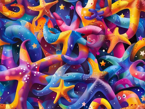 Seamless patternThis image showcases a seamless pattern of vibrant starfish amidst a galaxy theme, offering a sense of whimsy and marine wonder The seamless design is perfect for a variety of projects