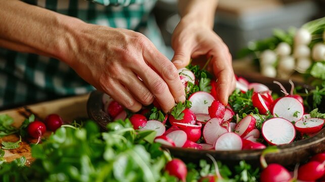 Salad bar with hands adding sliced radishes for a crisp and pepper crunch.