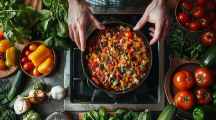 French kitchen with hands arranging colorful vegetables for a savory dish.