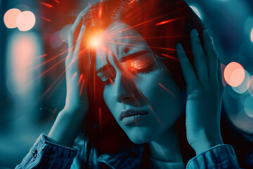 A person holds their head in pain, indicating a headache, with the center highlighted in red.