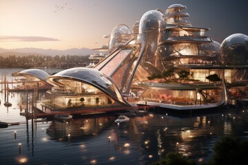 Futuristic architecture design of a building with flowing organic shapes and vibrant pink lighting at sunset, ideal for urban planning and design concepts

Architecture, future, design, innovation, ur