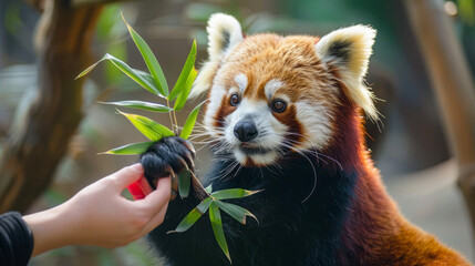 Zoo enclosure with hands offering bamboo leaves to a playful red panda