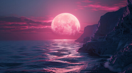 Stunning pink moon rising over tranquil ocean and cliffs