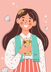 Cute cartoon girl holding a phone that is decorated with seashells