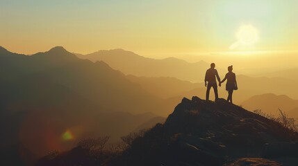 Hiker couple with silhouette in mountains with sunlight