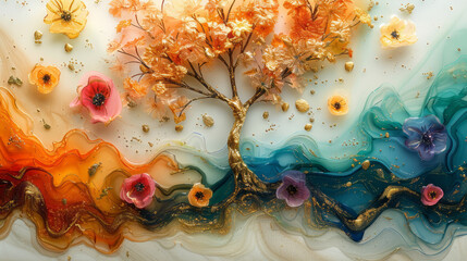 Elegant alcohol ink art with golden elements and vibrant flowers