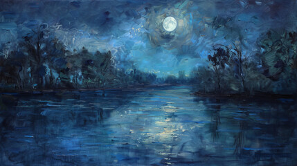 Obraz premium Moonlit river landscape in expressive blue oil painting