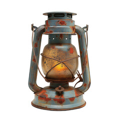 vintage oil lantern, rusted and distressed, gray paint with brown patina