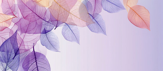 Colorful transparent leaves on a purple background banner with copy space in a pastel colors
