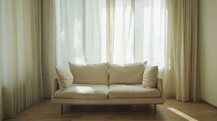 Sofa in the corner of the room, fabric sofa, wooden floor, white curtains, white walls