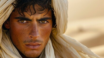 Intense Close-up Portrait of a Young Man with Traditional Headscarf in the Desert
