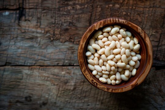 White beans in a wooden bowl. Wooden surface. Copy space