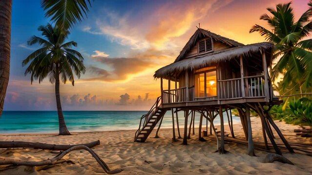 A beautiful beach hut on a tropical island. AI.