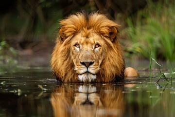 wild life photography of a lion in a lake looking directly to the camera with his reflection in the lake water - Powered by Adobe