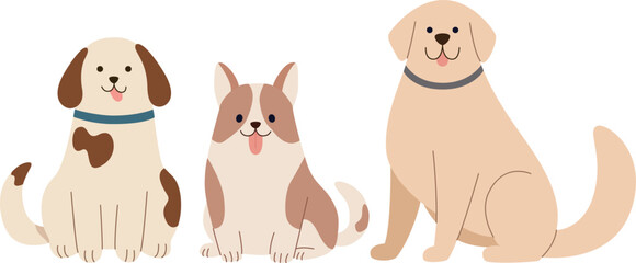 Vector illustration of three dogs sitting. Colorful flat concept