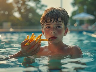 A young boy with French fries at swimming pool during summer, happy