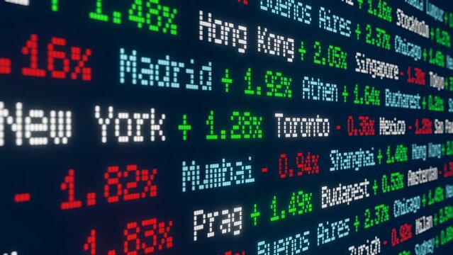 Stock index ticker with price changes. Financial markets, cities and percentage index changes, trading, investment. Milan, Athen, Copenhagen, Budapest, Singapore, Chicago and more.