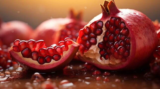 Pomegranate fruit with seeds and water droplets on transparent background