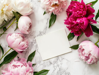 Pink and white peony flowers stand out against a white marble background, with a blank notebook for customization. Perfect for adding your own text or design, this top view layout offers endless possi