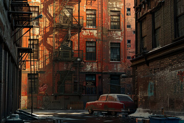 Vintage red car in a gritty New York City alley at sunset