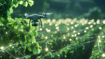 drone flying over farmland, surrounded by digital data visualizations and trees on the ground