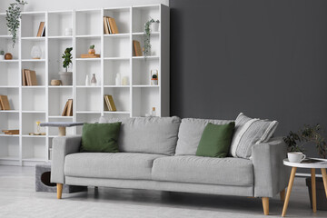 Interior of living room with grey sofa and bookshelf