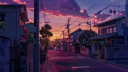 Fototapeta premium Twilight Atmosphere in an Anime-Styled Quiet Japanese Street Scene 