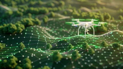 drone flying over farmland, surrounded by digital data visualizations and trees on the ground