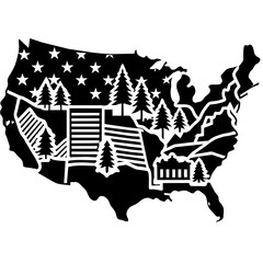 beautiful black outline graphic of the united states with usa flag elements