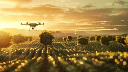 drone flying over farmland, surrounded by digital data visualizations and trees on the ground