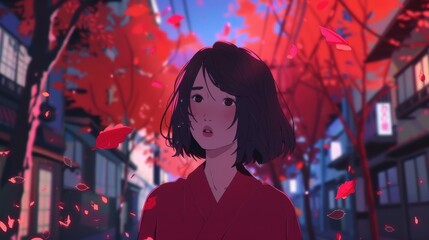Fototapeta premium Captivating Anime Girl in Dreamy Lofi Music Video Animation - Serene Blurry Lights, Ideal for Fantasy Art, Teenager Portrait, Creating a Melancholic Atmosphere. 