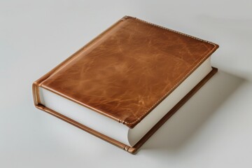 Leather bound book with white pages on a white surface
