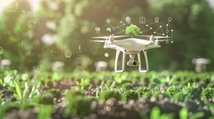 drone flying over farmland, surrounded by digital data visualizations and trees on the ground