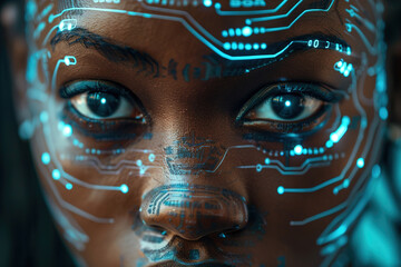 portrait of a young Black woman with intricate digital circuits and technology overlaying her face