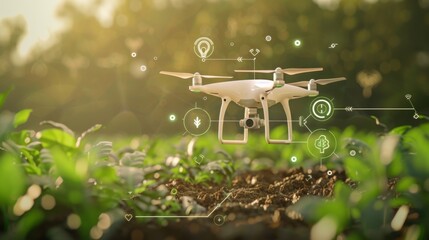 drone flying over farmland, surrounded by digital data visualizations and trees on the ground