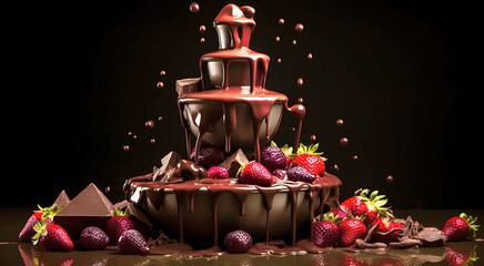 Sweet brown chocolate fountain with red strawberries and various fruits