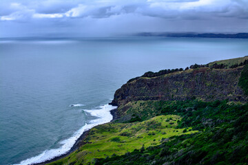 Panoramic view over Te Toto Gorge and Tasman Sea on an overcast summer day. High vantage point....