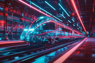 digital train on computer screen, futuristic, digital transformation concept, light neon colors 