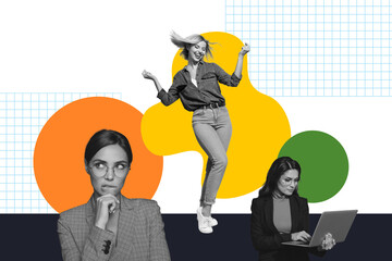 Composite photo collage of three girls colleagues work organization macbook device freelance team career isolated on painted background