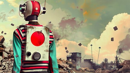 Android, synthetic skin, designed for peacekeeping, standing in a post-apocalyptic landscape, HDR, Golden Hour, Depth of Field Bokeh Effect, Birds-eye view
