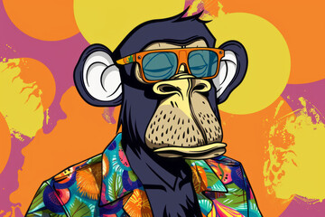 Colorful ape with sunglasses and headphones against vibrant backdrop