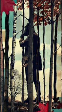 Bigfoot, forest ranger observing from a distance, blending in with the trees, photographed with a vintage filter, golden hour, vignette, Silhouette shot