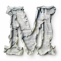 Letter M from crumpled newspaper on a clean white background. Fashion scrapbook lettering concept. Generative AI