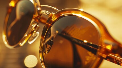 Close-up Details: Capture close-up shots focusing on the details of sunglasses, such as the frame material, lens color, brand logo, and unique features like embellishments or patterns. Generative AI