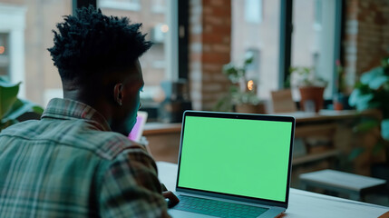 Adult african american man working on laptop in modern office, mockup or concept with green screen