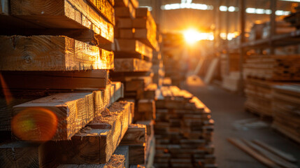 Golden sunset illuminating stacked lumber in a warehouse, highlighting textures and industry.
