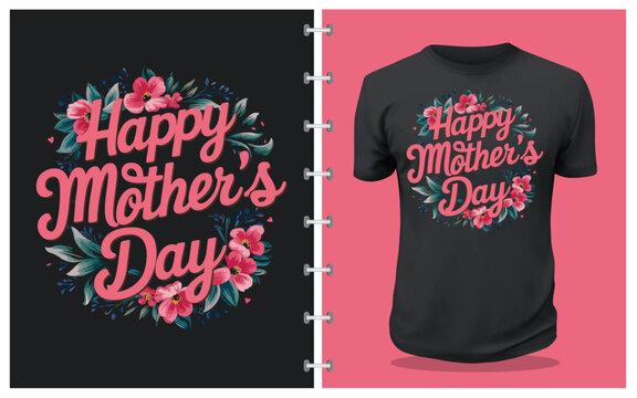 Happy Mothers Day Caligraphy Tshirt Design with isolated floral background