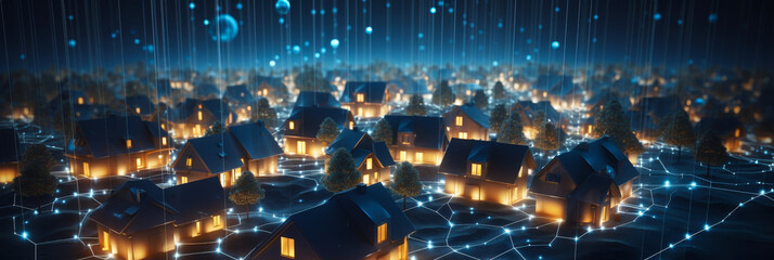 Suburban Smart Home Network - Neighborhood Internet of Things Digital Community Connectivity Concept Illustration