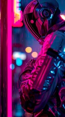 Cybernetic humanoid, sleek metal skin, bustling futuristic city, neon lights, rain, 3D render, Spotlight, Bokeh Effect, Eye-level angle