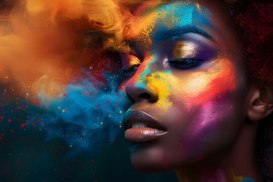 portrait of a black woman with creative make up, afro hair and fulcolor somoke. Generated with AI.